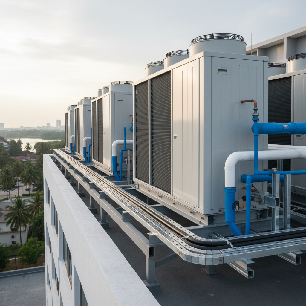 A rooftop mechanical deck atop a mid-rise commercial building in Sarawak, featuring a line of large, light-gray outdoor air-conditioning condensers and ventilation units anchored on reinforced steel frames. The units are connected by neatly arranged insulated copper pipes and galvanized cable trays, all secured with precision. The background reveals a subtle, out-of-focus skyline with hints of tropical greenery and distant low-rise structures. Late afternoon diffused sunlight casts soft, warm highlights on the equipment while a slightly overcast sky softens contrasts. Photographed from a low-angle perspective to emphasize scale and solidity, the image has a balanced composition that feels stable and reliable. The overall mood is confident and professional, rendered in realistic photographic style that underscores long-term durability and engineering expertise.
