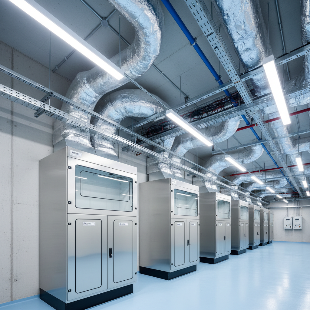 A modern commercial building interior plant room showcasing a row of sleek air handling units and mechanical ventilation systems mounted against a smooth, light-gray concrete wall. Insulated ductwork with silver foil finish snakes cleanly across the ceiling, each branch meticulously aligned and color-coded. Cable trays and control panels are neatly installed along one side, all clearly marked. Bright, neutral-white LED lighting from overhead fixtures creates an evenly lit environment with minimal shadows, highlighting the textures of metal, insulation, and painted steel. Captured from a slightly elevated angle with strong perspective lines, the composition conveys depth and organization. The mood is highly professional, efficient, and reliable, with a photographic, clean engineering aesthetic suited to a trusted Sarawak mechanical contractor.