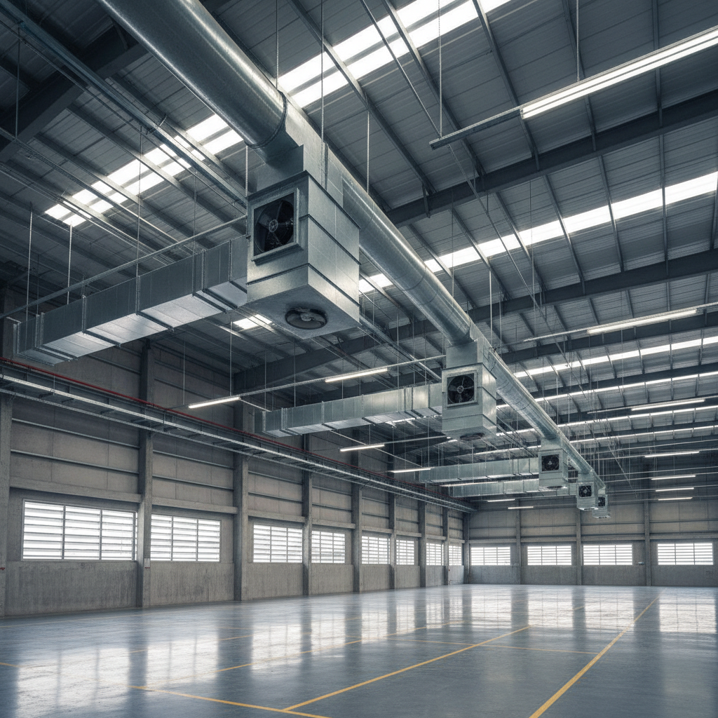 An expansive interior of an industrial warehouse in Sarawak fitted with a comprehensive mechanical ventilation system, showing long runs of galvanized steel ducts suspended from the high ceiling with rigid hangers. Large, boxy supply and exhaust fans are installed at intervals, each connected to neatly routed duct branches and acoustic attenuators. The walls are lined with evenly spaced louvered vents, and the polished concrete floor reflects subtle highlights. Cool, diffused daylight filters in from translucent roof panels, supplemented by linear LED high-bay lighting that casts soft, functional illumination. Captured from a wide, slightly elevated perspective, the scene has clear depth and strong horizontal lines that reinforce order and coverage. The mood is efficient, robust, and professional, rendered in clean, realistic photographic style appropriate for showcasing large-scale ventilation contracting capability.