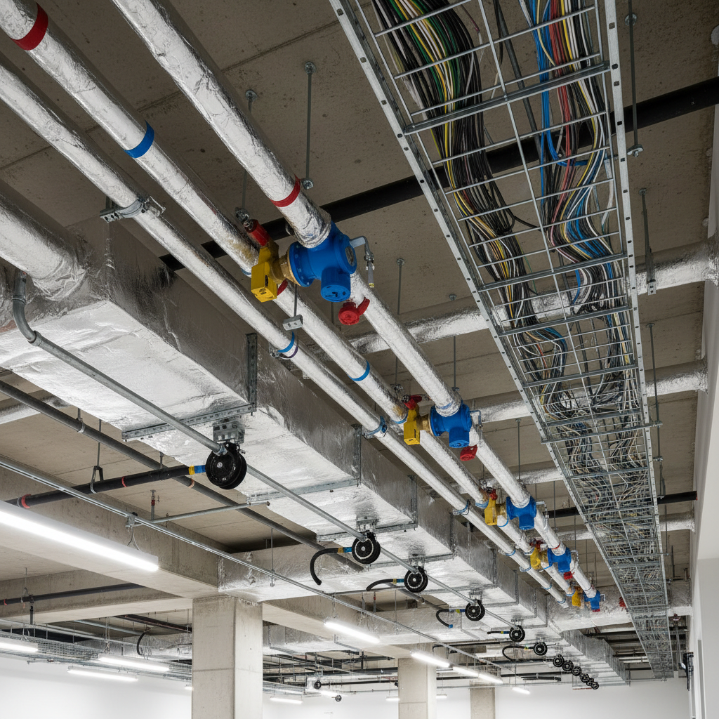 A detailed view of a high-end commercial office ceiling void during installation, showing meticulously coordinated chilled water pipes, insulated supply and return air ducts, and slim mechanical ventilation branches all arranged in parallel runs. Brightly colored valves and balancing dampers punctuate the silver insulation and matte-black pipework. Cable trays for control wiring are positioned with exact spacing, creating a sense of engineered rhythm. Neutral-white temporary work lights cast an even glow within the ceiling cavity, highlighting textures of insulation and metal while creating soft, directional shadows along the structural beams. Photographed from within the ceiling space at eye level, the composition emphasizes depth and alignment. The mood is disciplined, technical, and forward-looking, with a realistic photographic aesthetic that communicates precision in concealed building services installation.