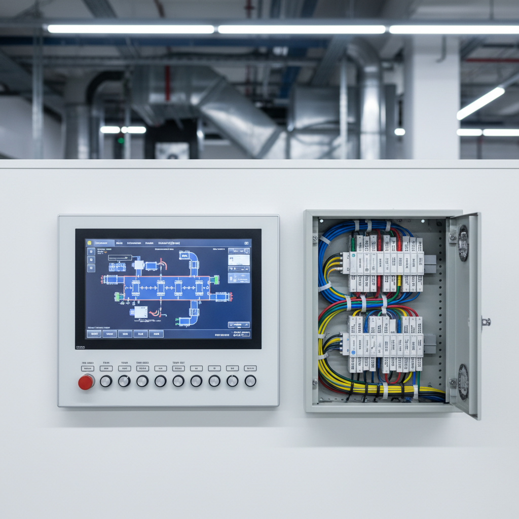 A close-up, high-resolution view of a digital building management system control panel mounted on a pristine white wall, displaying neatly arranged HVAC and mechanical ventilation schematics on a large touchscreen. Nearby, steel conduit and labeled control cables enter a tidy distribution board with a brushed-metal finish, each circuit clearly tagged. Cool, even LED lighting from the ceiling creates minimal glare on the screen while providing crisp visibility of every button and label. Shot straight-on with a shallow depth of field that keeps the panel in sharp focus and softly blurs the surrounding plant room background, the composition feels precise and high-tech. The atmosphere is calm, controlled, and highly professional, evoking dependable monitoring and smart control of industrial and commercial building systems in photographic realism.